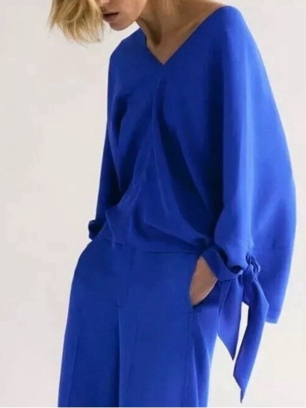 Zara Cobalt Blue Tie-Sleeve Batwing Blouse Sz Large